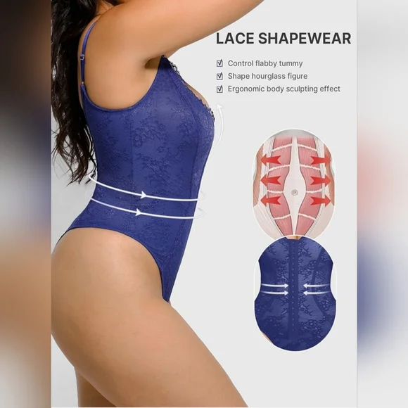 Shapellx NWT Women's Royal Blue Lace Shapewear Bodysuit Size M - Picture 4 of 11